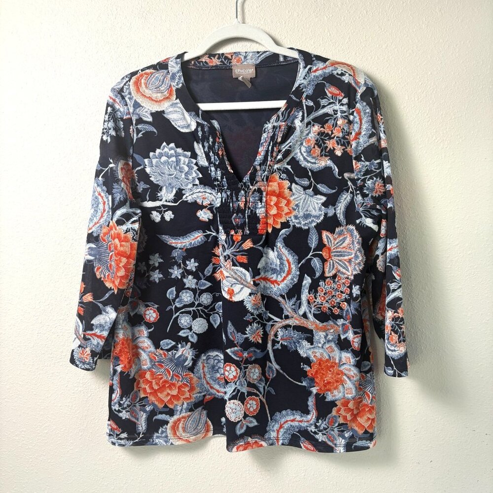 Chicos Top Womens 2 US‎ L Blue Orange Floral V Neck 3/4 Sleeve Mesh Lined